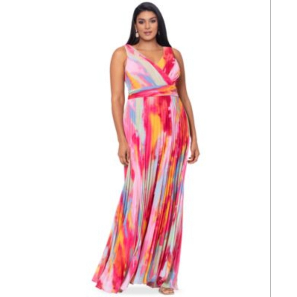 XSCAPE Plus Size Printed V-Neck Ruched-Waist Pleated Gown - Picture 1 of 7